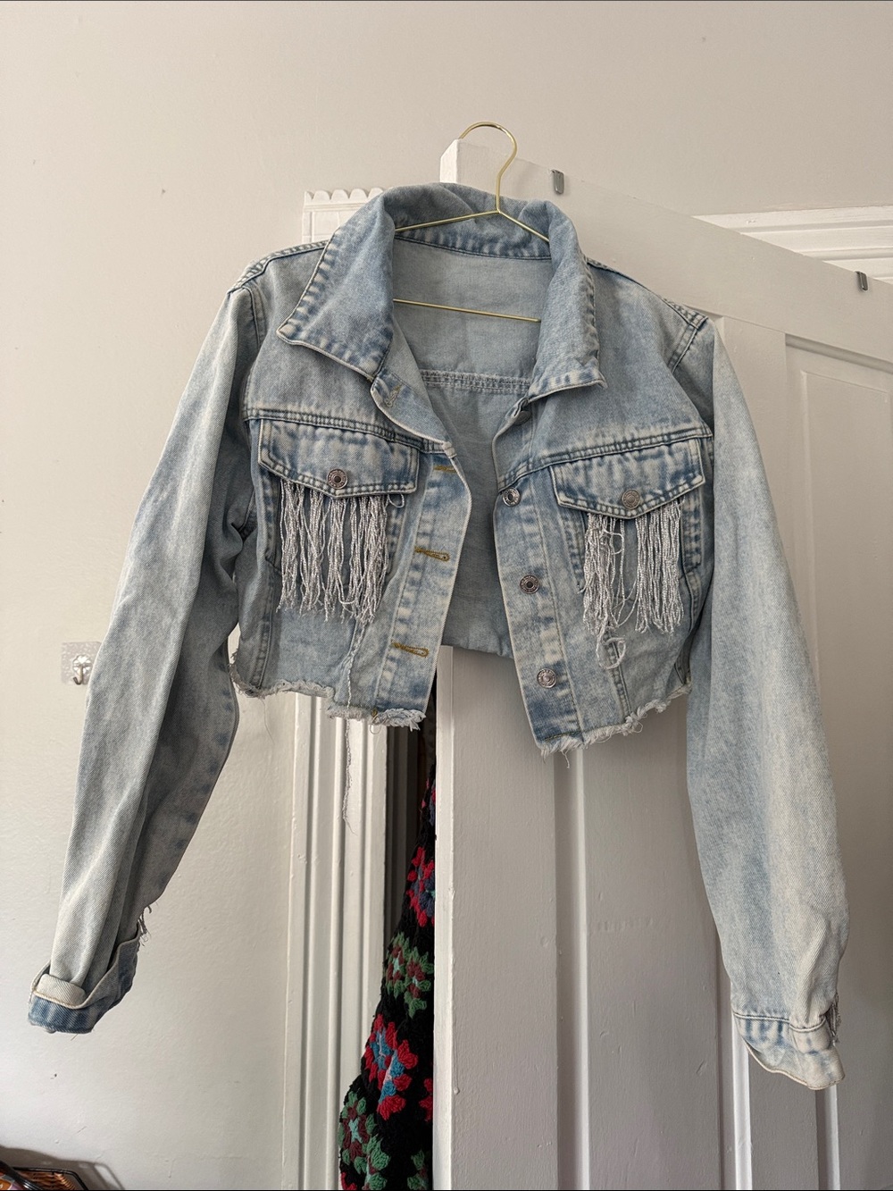 Light Wash Fringe Cropped Denim Jacket - Women